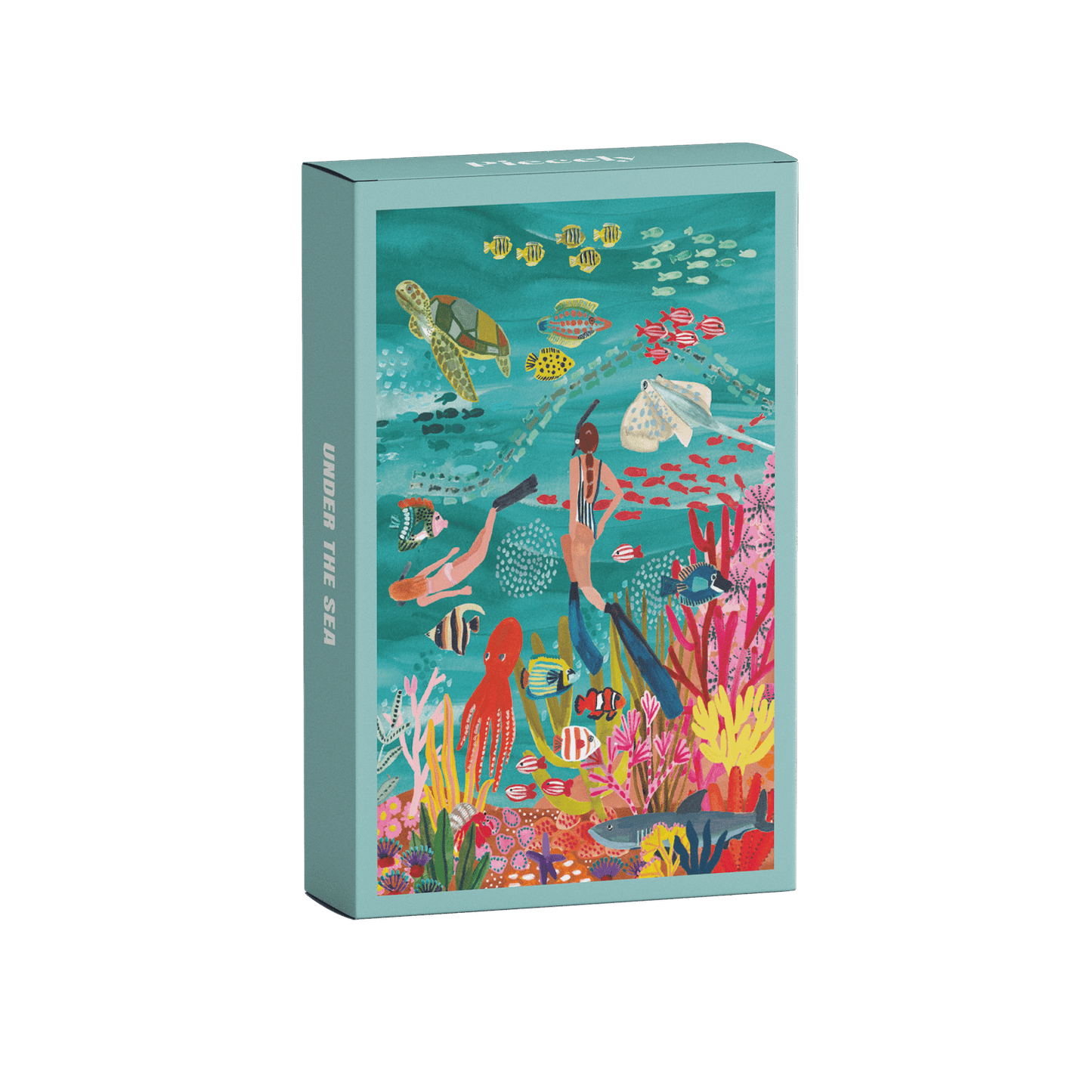 99-teiliges Under The Sea Minipuzzle für Erwachsene, das zwei Frauen beim Schnorcheln im Meer zeigt. Die Frauen sind umgeben von bunten Fischen, einem Oktopus, einem Rochen, einer Schildkröte und einem Hai.