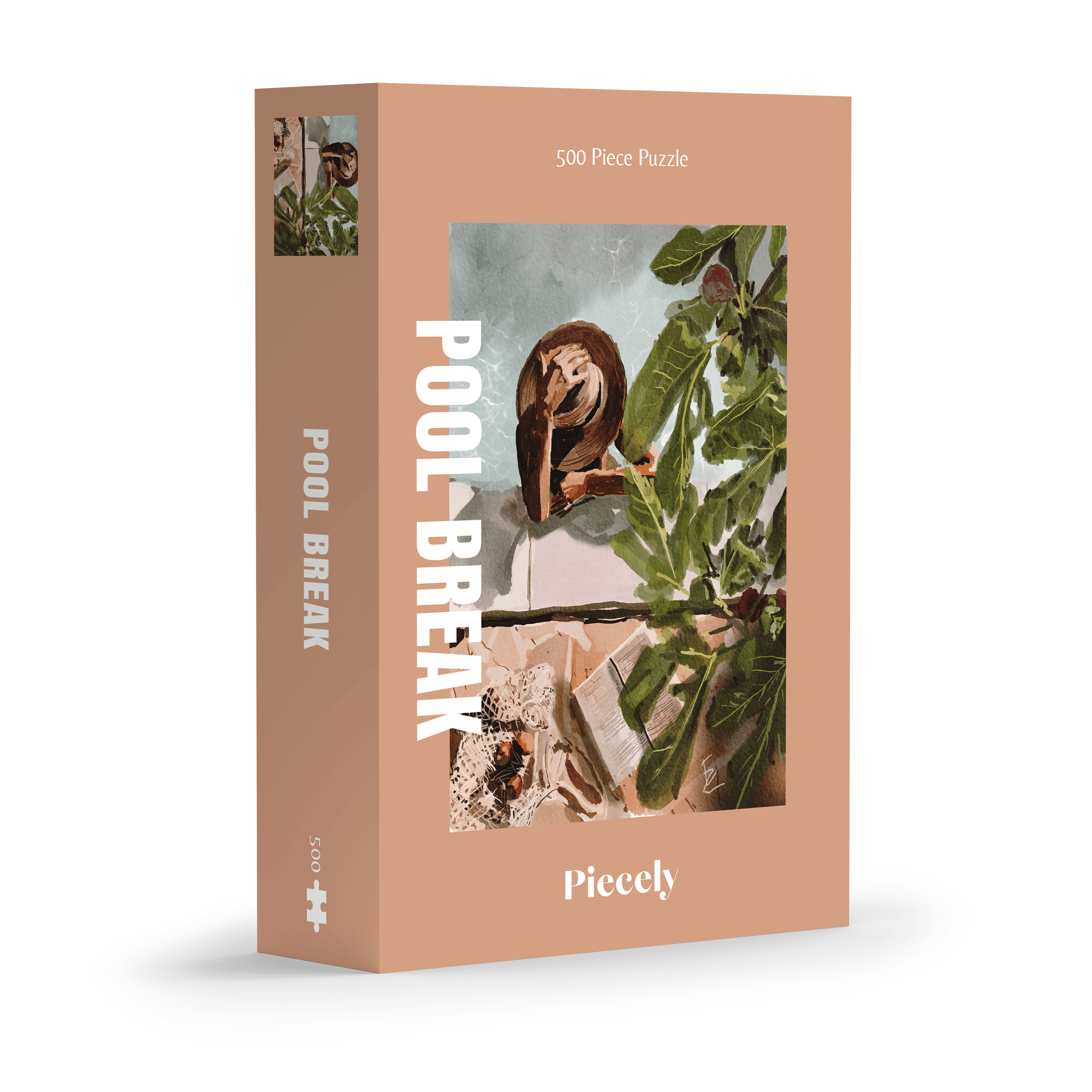 Illustration einer Frau am Pool mit Pflanzen und Buch in ruhiger Atmosphäre, als 500-Teile Puzzle ‚Pool Break‘ von Piecely