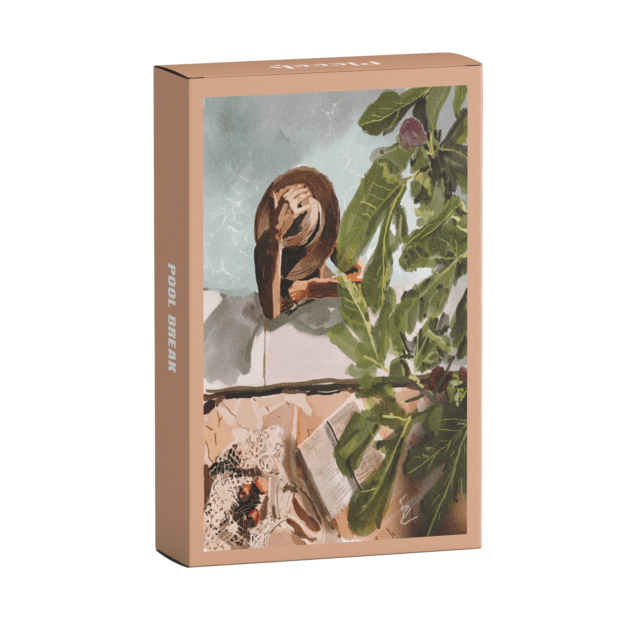 Illustration einer Frau am Pool mit Pflanzen und Buch in ruhiger Atmosphäre, als 99-Teile Minipuzzle ‚Pool Break‘ von Piecely