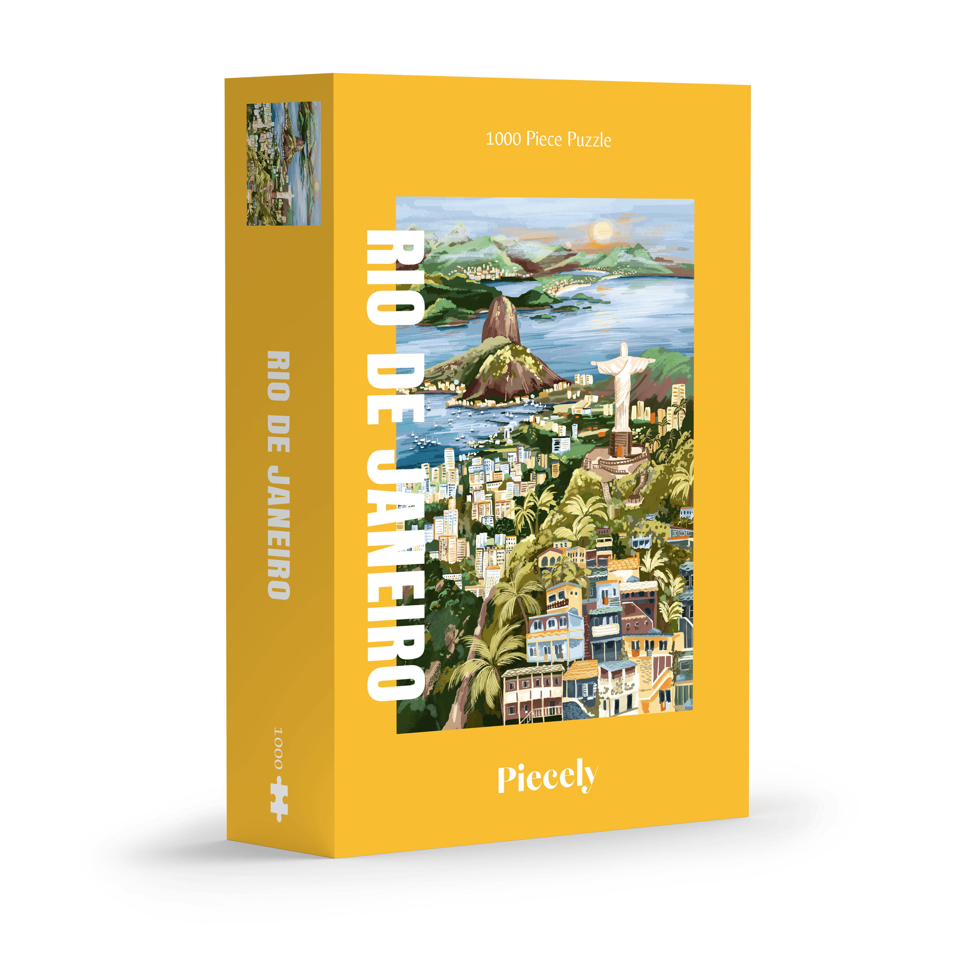 Illustration von Rio de Janeiro mit Christusstatue, Küste, Bergen und Stadtansicht, als 1000-Teile Puzzle von Piecely