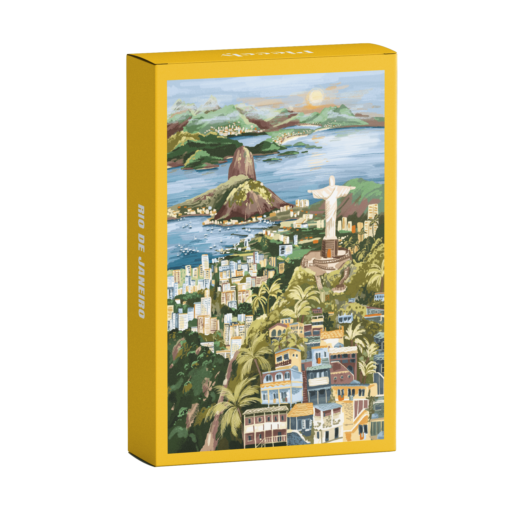 Illustration von Rio de Janeiro mit Christusstatue, Bergen, Stadt und Küste, als 99-Teile Minipuzzle von Piecely