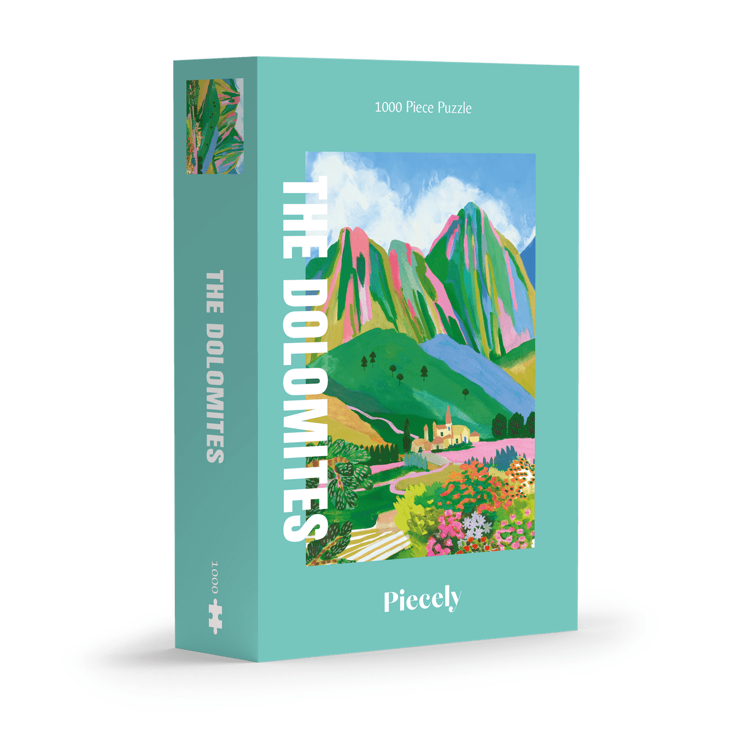 1000-Teile-Puzzle „The Dolomites“ von Piecely – Illustration einer farbenfrohen Berglandschaft in den Dolomiten mit Dorf und Blumen, auf türkisfarbener Verpackung.