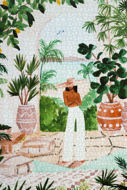 Außergewöhnliches Puzzle für Erwachsene mit einer Illustration von einer Frau in Marokko umgeben von Meer, tropischen Pflanzen und Zitronen