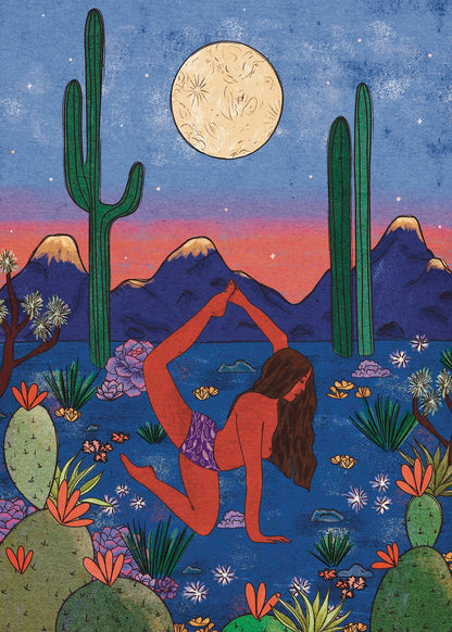 Nachhaltiges Puzzle mit 500 Teilen, das eine Frau in der Wüste zeigt, die bei Vollmond Yoga macht.