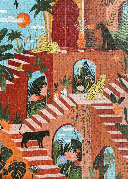 Außergewöhnliches Puzzle für Erwachsene mit einer Illustration von Leoparden, Panthern, Pflanzen und Treppen