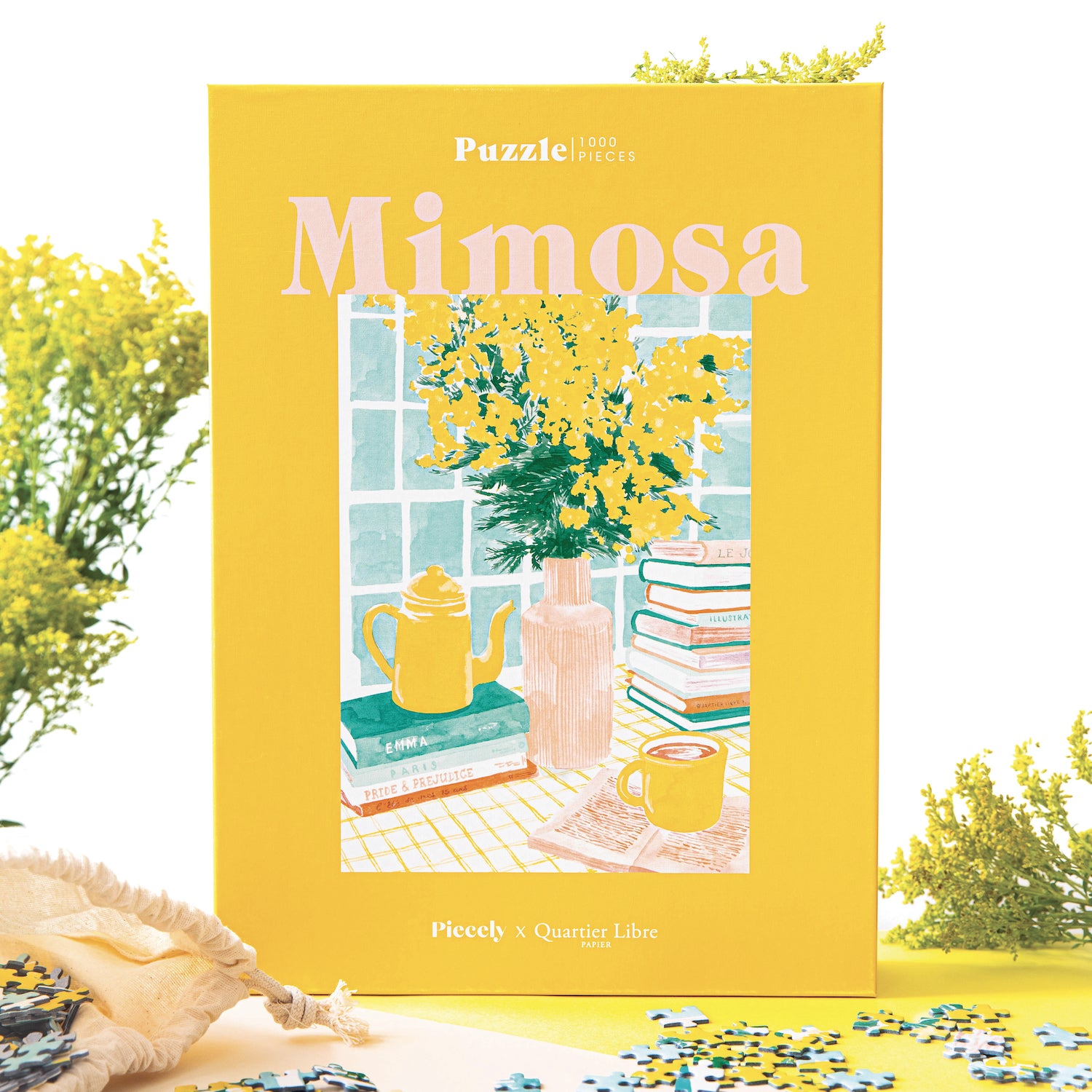 Nachhaltiges, 1000-teiliges Puzzle für Erwachsene, das ein Stillleben bestehend aus einem Strauß Mimosen, einer Tasse Kaffee und Büchern zeigt.