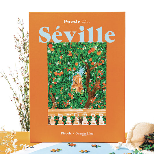 Nachhaltiges, 1000-teiliges Puzzle für Erwachsene, das Orangenbäume in der spanischen Stadt Sevilla zeigt.